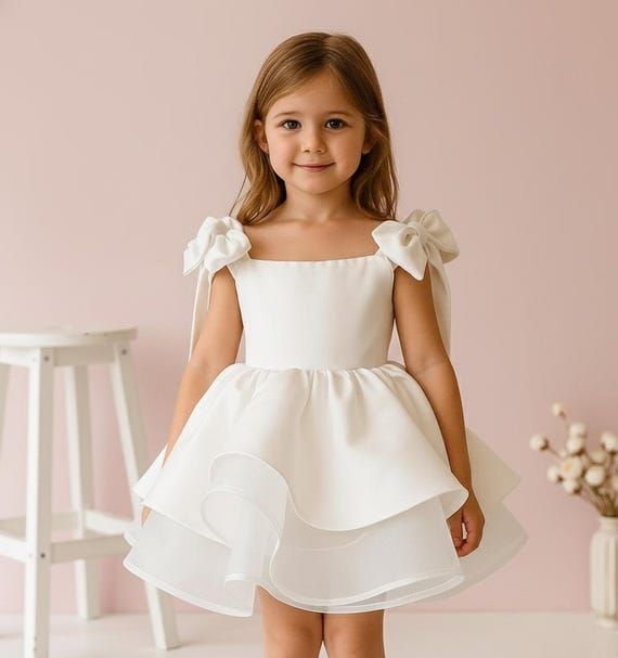 Petite fille portant une élégante robe blanche de cérémonie.