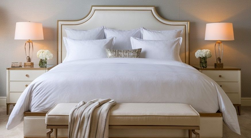 Lit élégant aux draps blancs, coussins superposés et banc matelassé