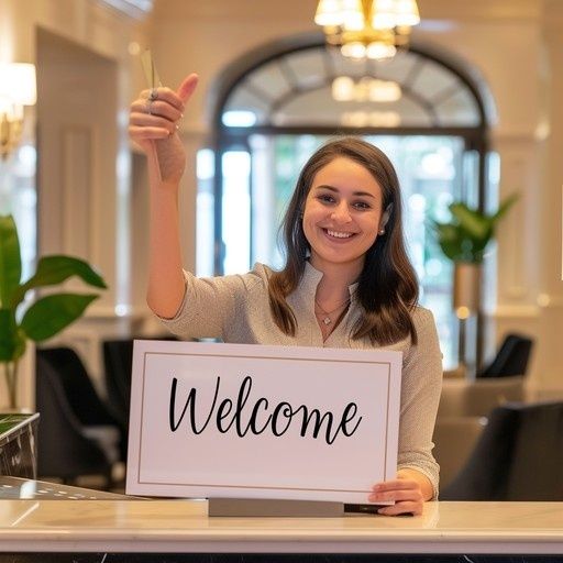 Employée souriante tenant un panneau